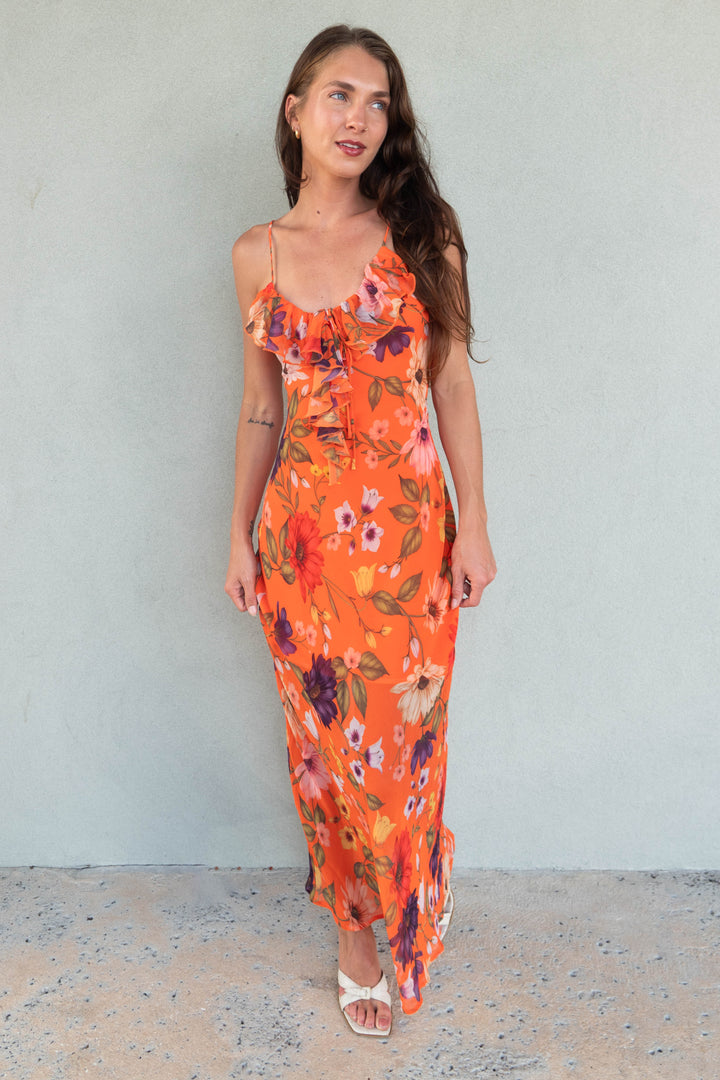 Ruffle Front Maxi Dress - Orange Floral