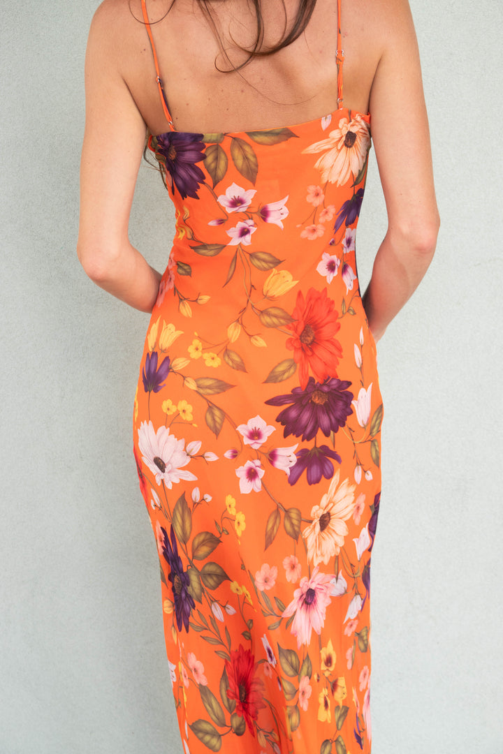 Ruffle Front Maxi Dress - Orange Floral