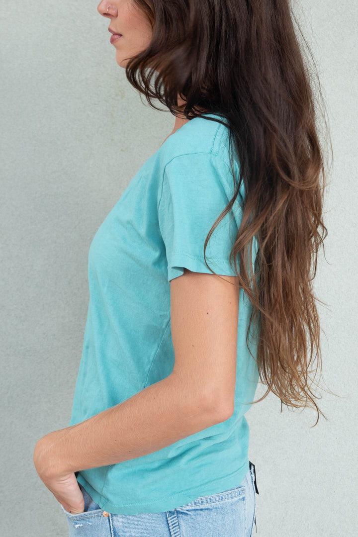 Hendrix Boxy V Neck Tee - Teal Blue
