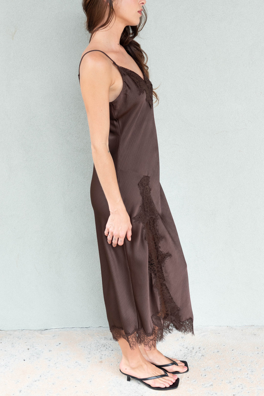 Crinkled Satin Lace Cami Dress - Brown
