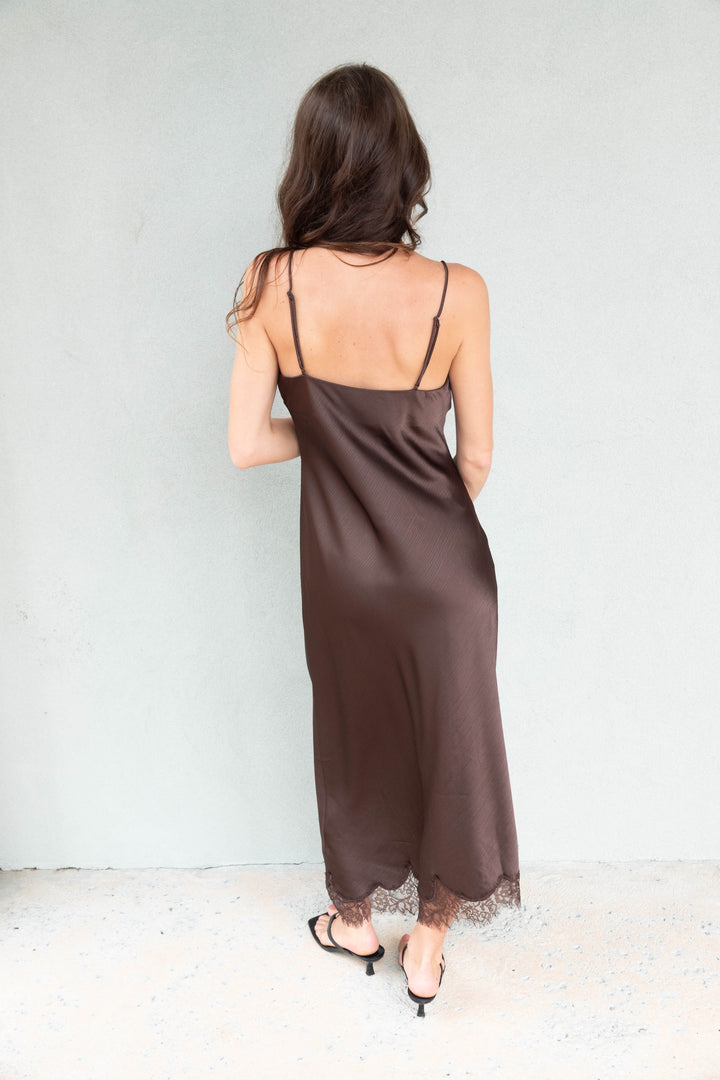 Crinkled Satin Lace Cami Dress - Brown