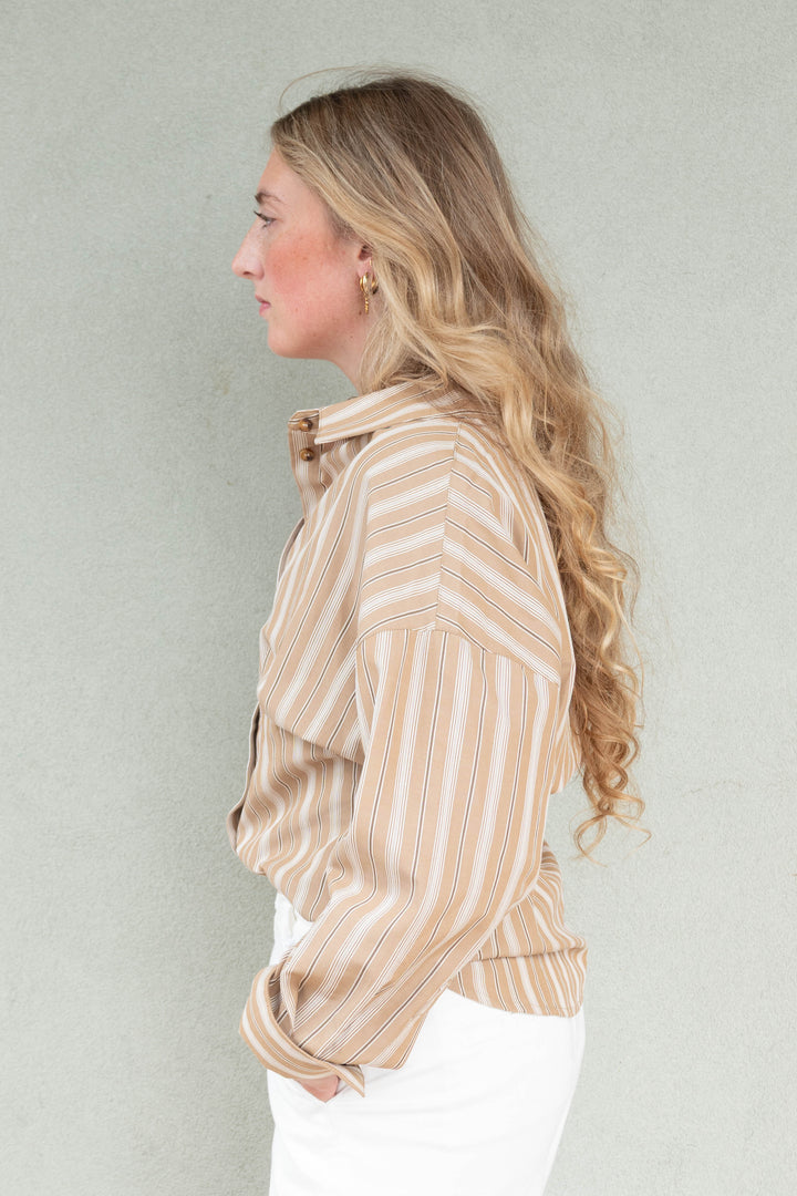 Slim Fit Button Down Blouse - Tan Stripe
