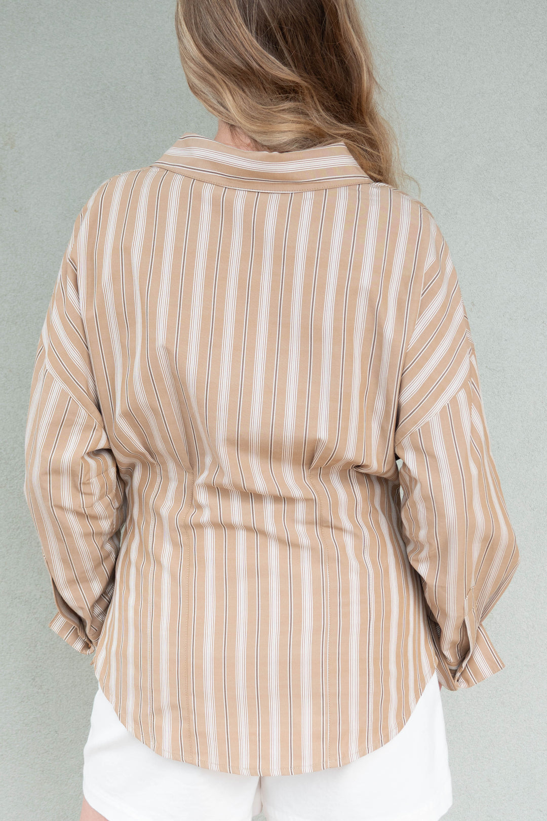 Slim Fit Button Down Blouse - Tan Stripe