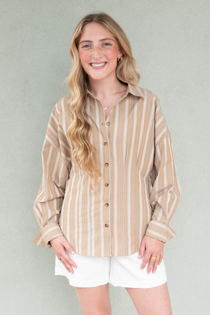 Slim Fit Button Down Blouse - Tan Stripe