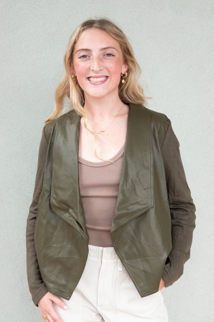Mixed Media Faux Leather Drape Cardi - Olive