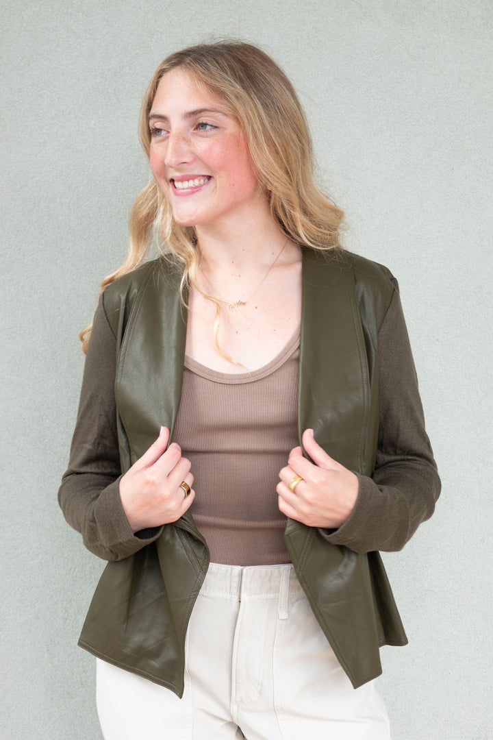 Mixed Media Faux Leather Drape Cardi - Olive