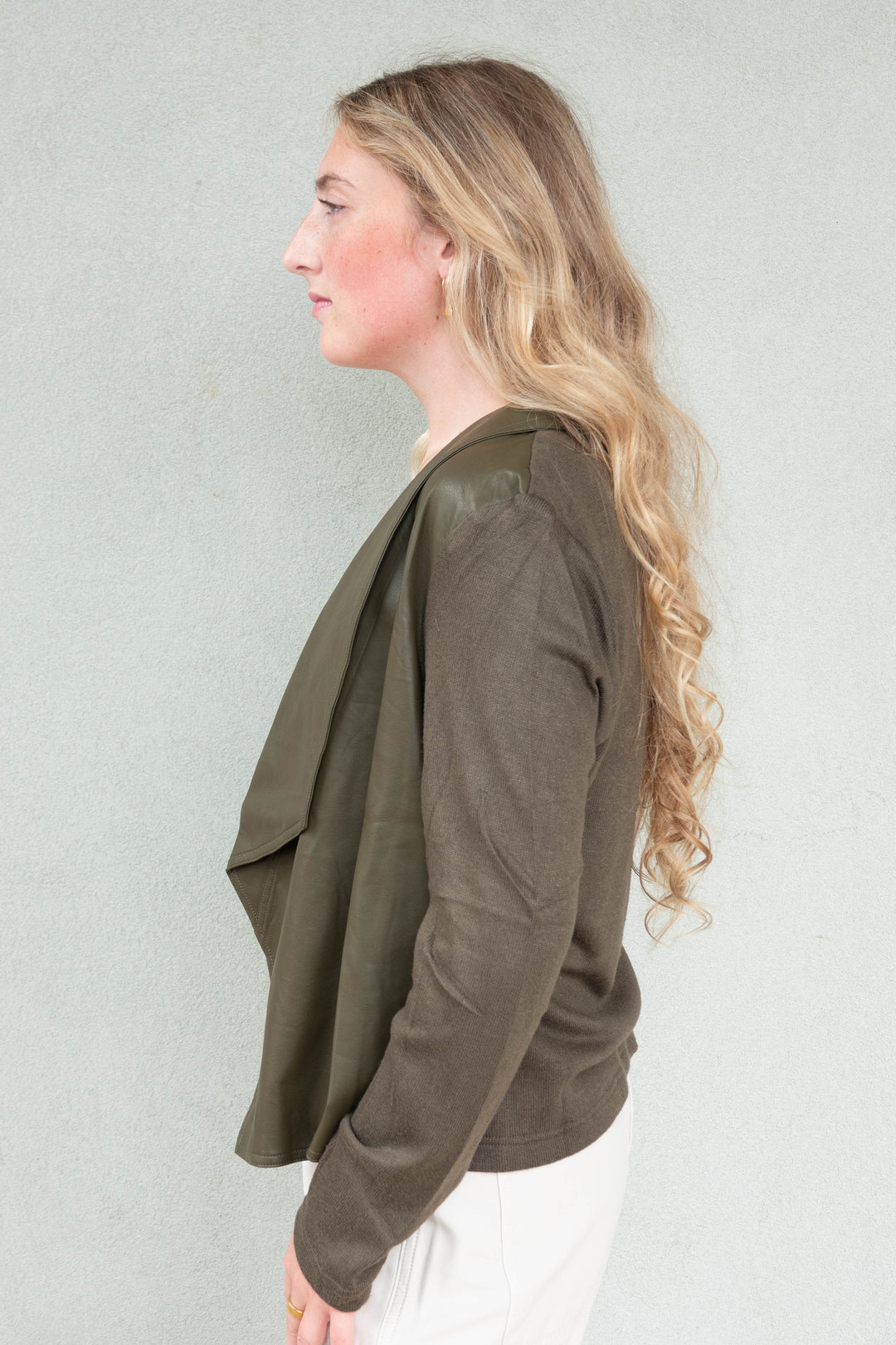 Mixed Media Faux Leather Drape Cardi - Olive