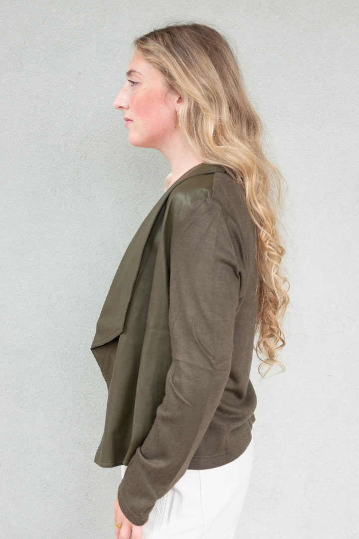 Mixed Media Faux Leather Drape Cardi - Olive