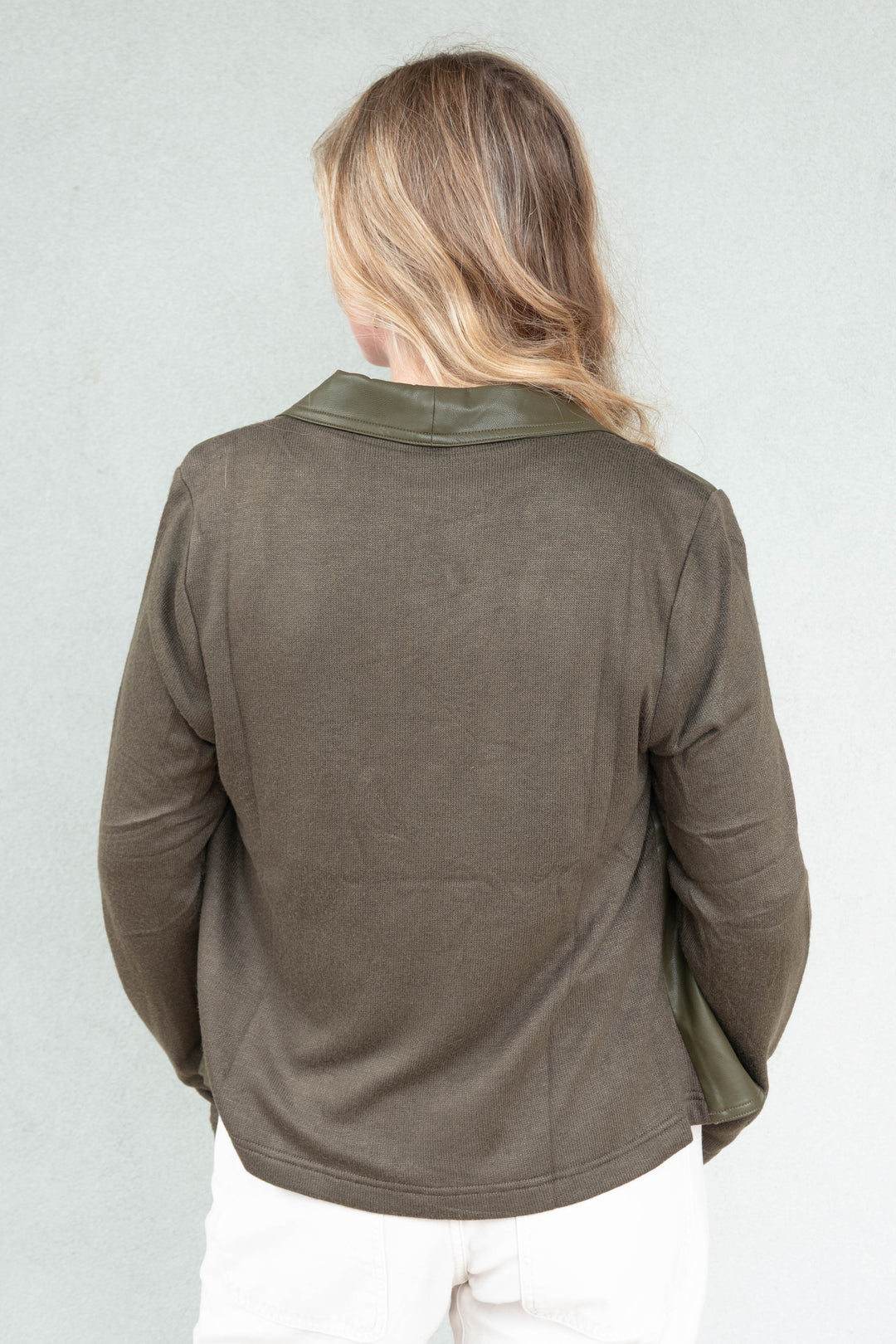 Mixed Media Faux Leather Drape Cardi - Olive