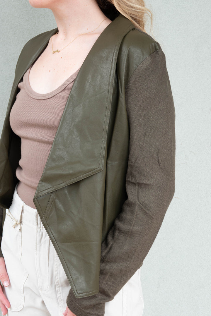 Mixed Media Faux Leather Drape Cardi - Olive