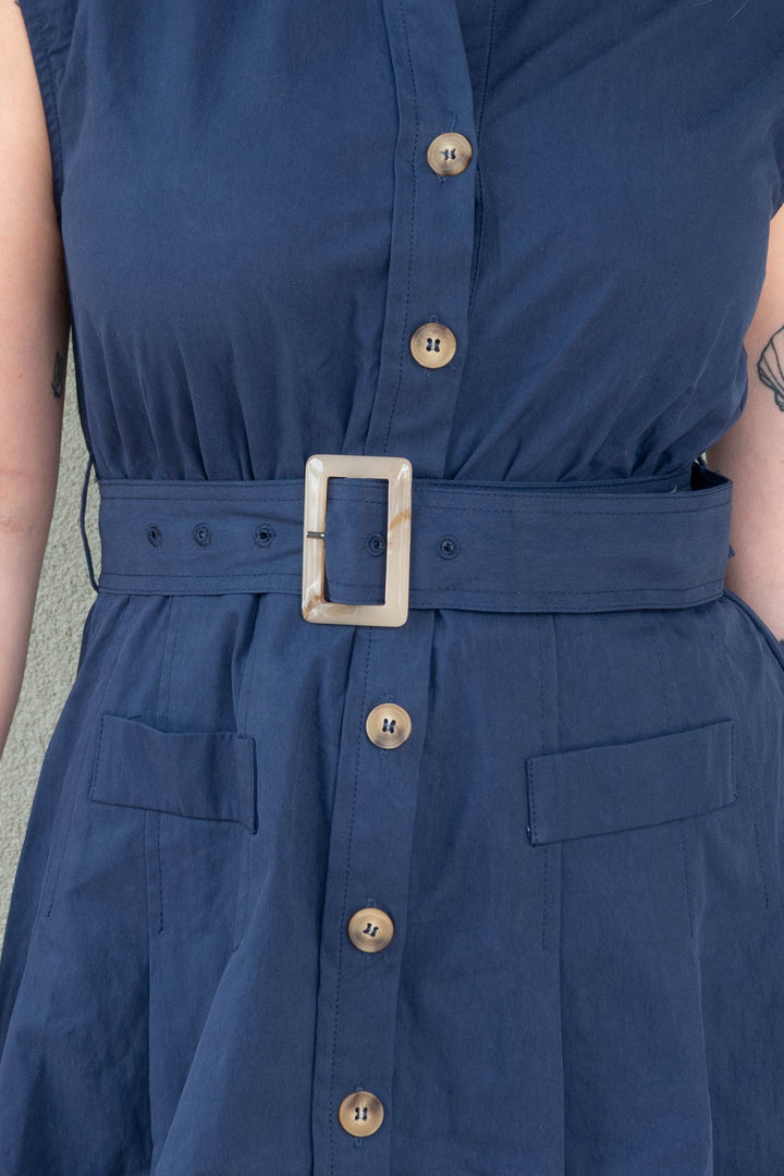 Belted Sleeveless Short Dress - Navy