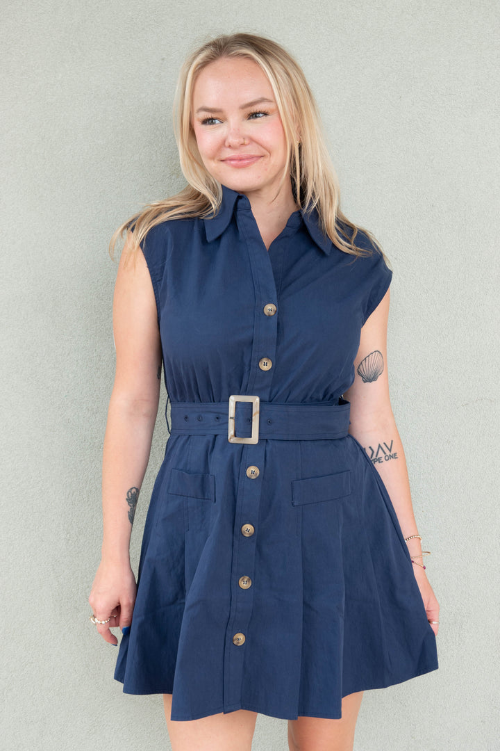 Belted Sleeveless Short Dress - Navy