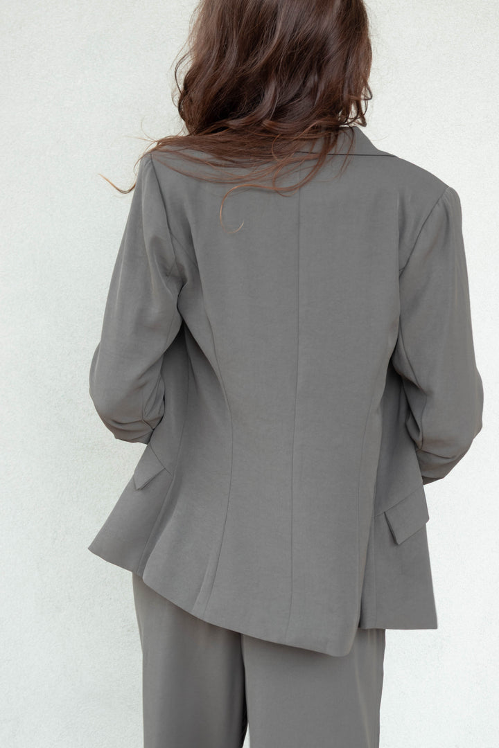 Silky Scrunch Sleeve Blazer - Dark Olive