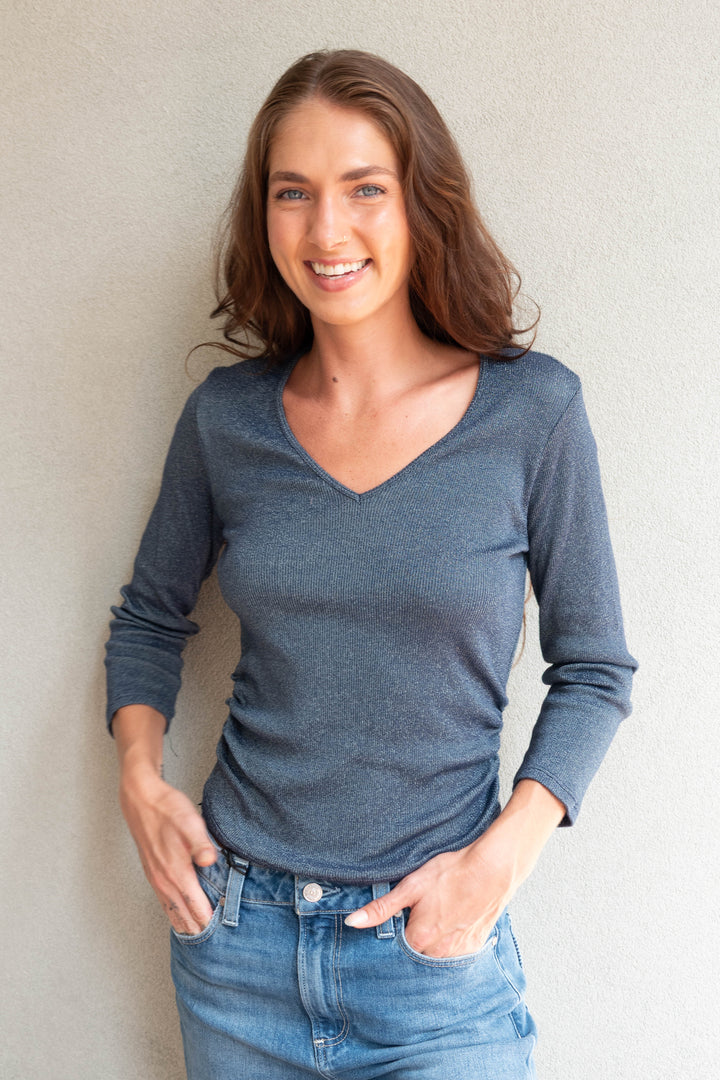 Sylvie V Neck Shirred Sides Tee - Cosmic