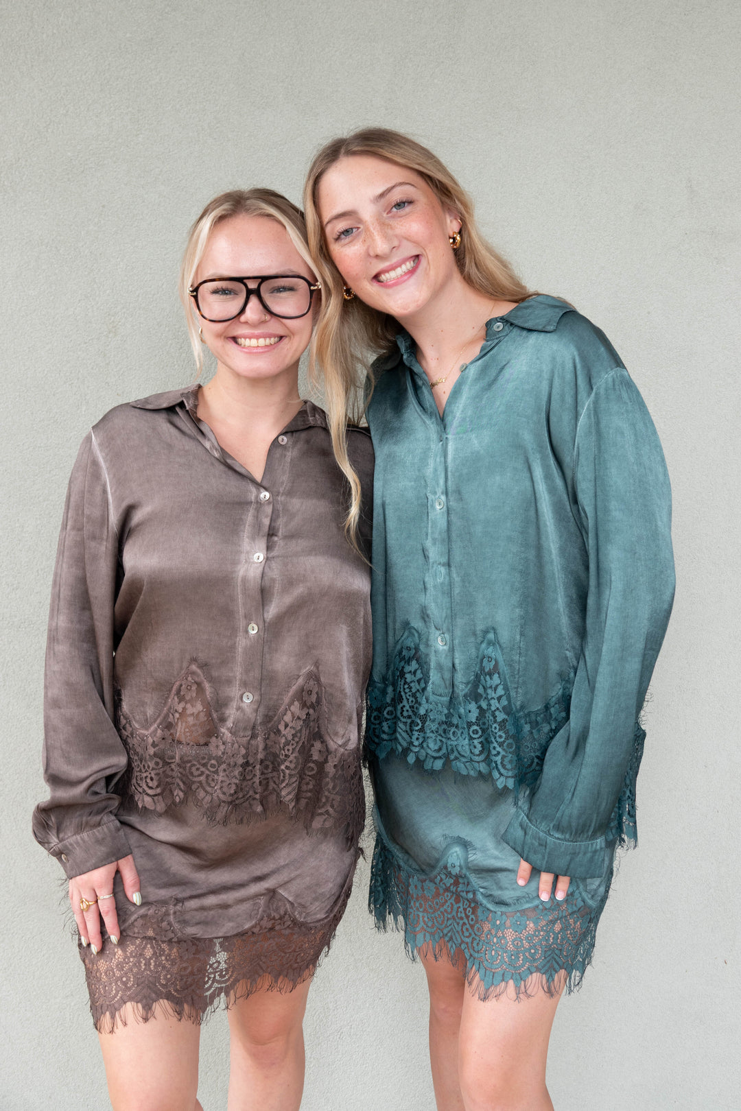 Lace Hem Long Sleeve Button Down - Hunter Green