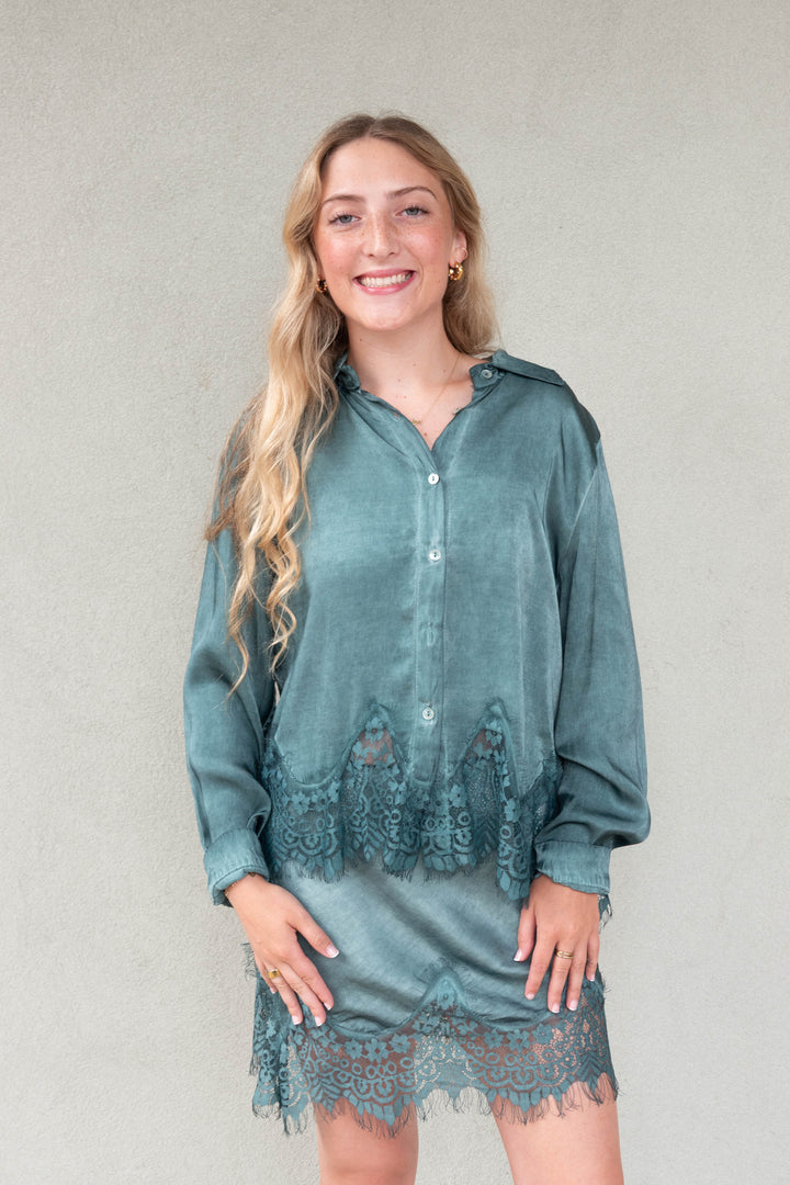 Lace Hem Long Sleeve Button Down - Hunter Green
