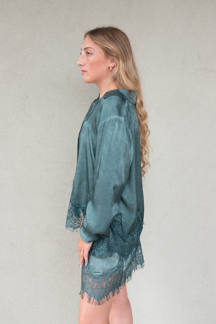 Lace Hem Long Sleeve Button Down - Hunter Green