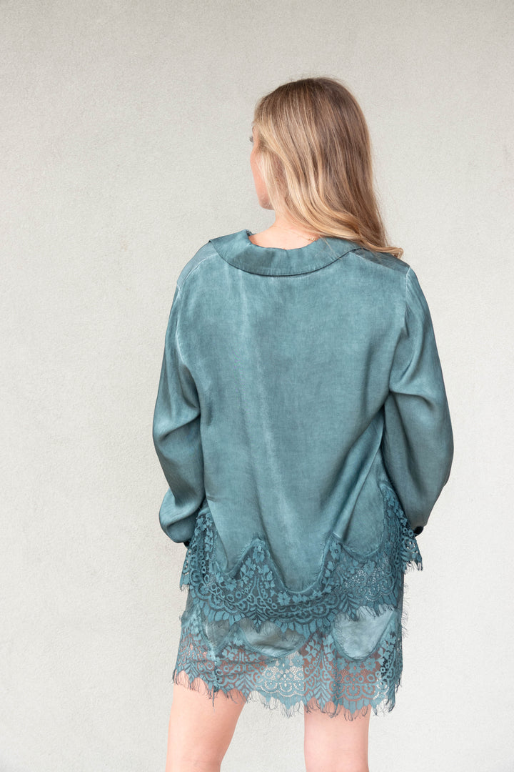 Lace Hem Long Sleeve Button Down - Hunter Green