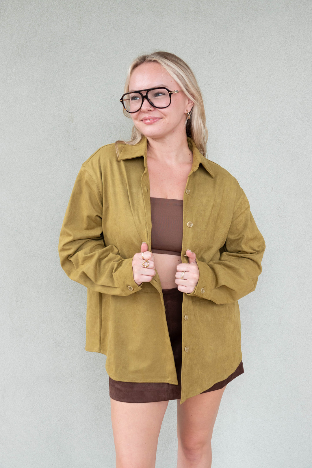 Paloma Faux Suede Shirt Jacket - Chartreuse