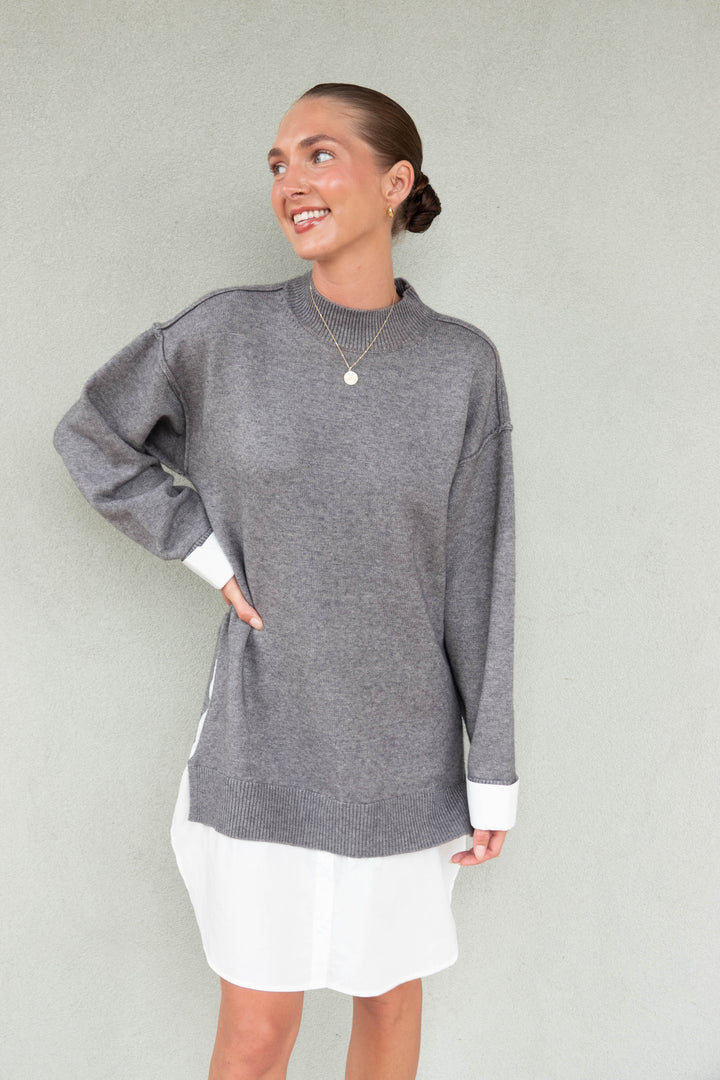 Twofer Mini Dress - Charcoal/White