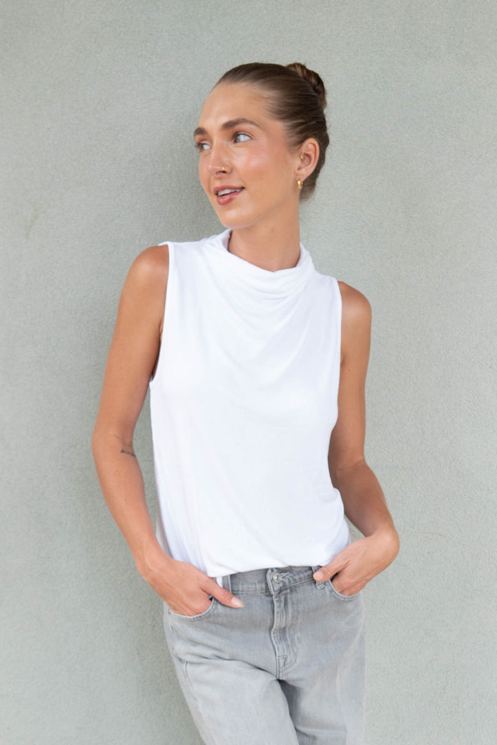 Minka Pleated Mock Neck Top - White