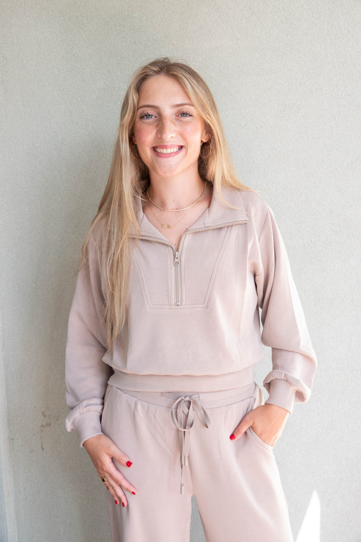 Brushed Modal Half Zip Pullover - Taupe