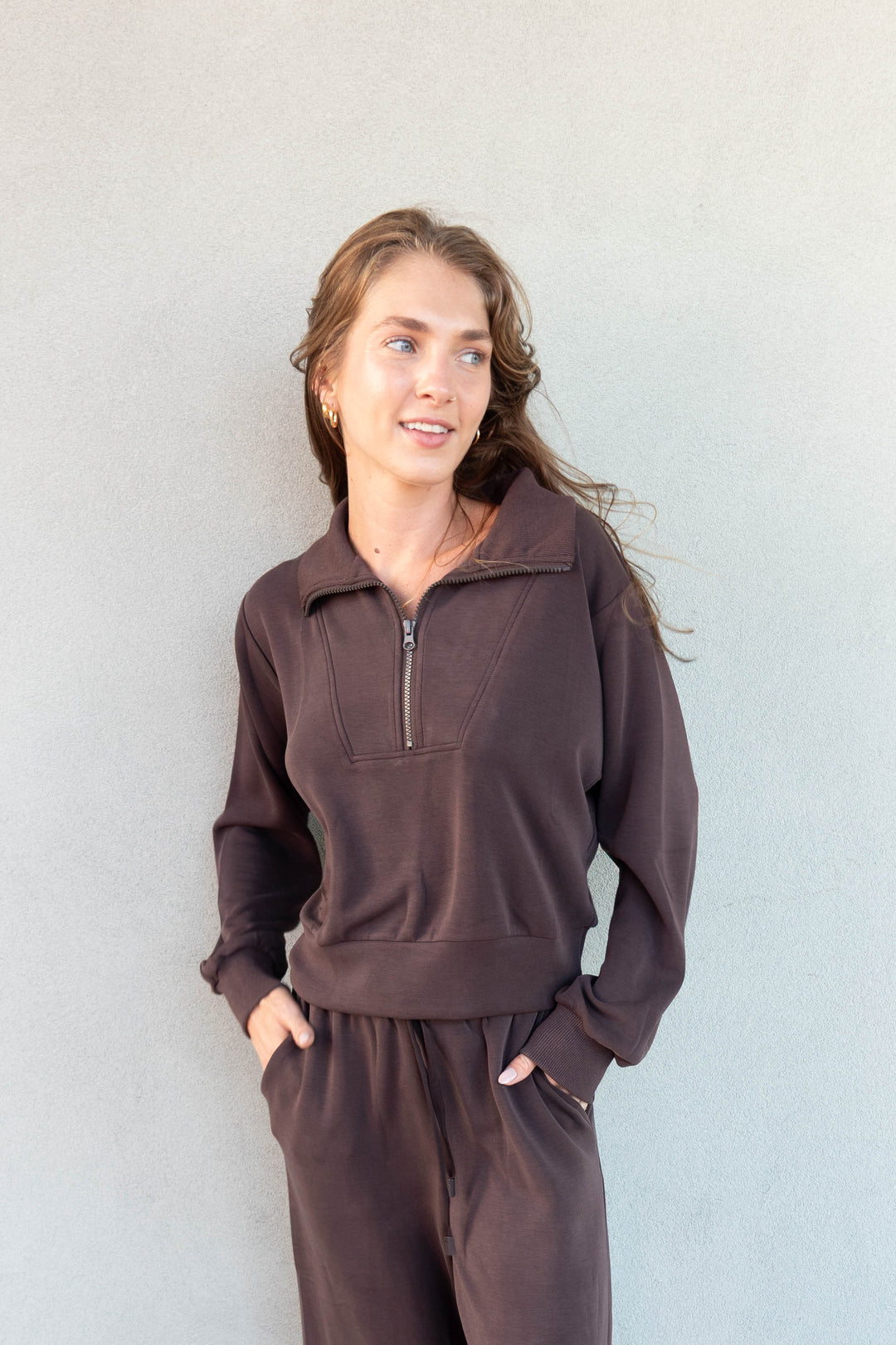 Brushed Modal Half Zip Pullover - Espresso