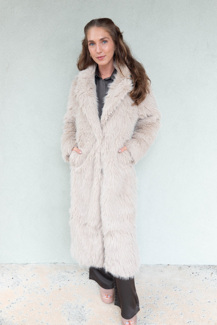 Faux Fur Long Jacket - Taupe