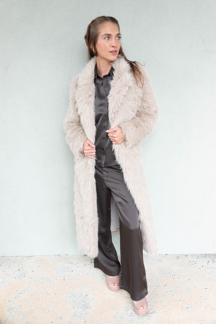 Faux Fur Long Jacket - Taupe