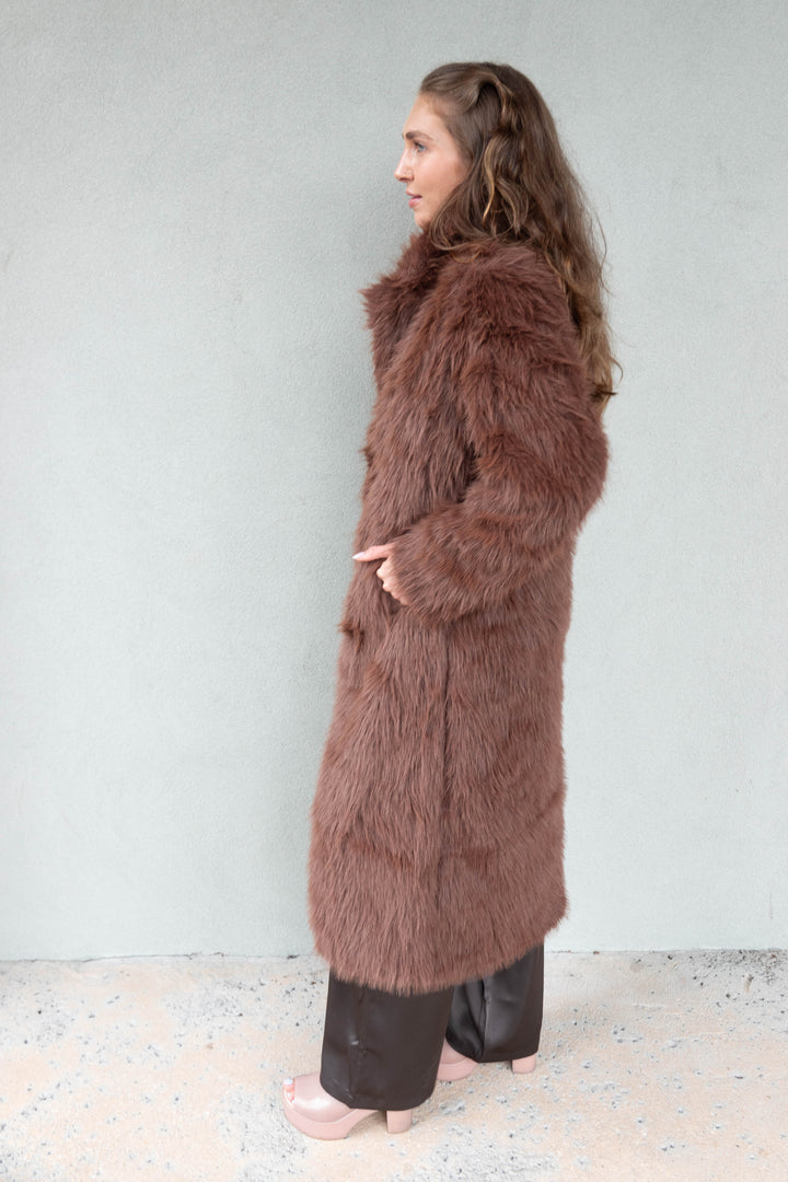 Faux Fur Long Jacket - Brown