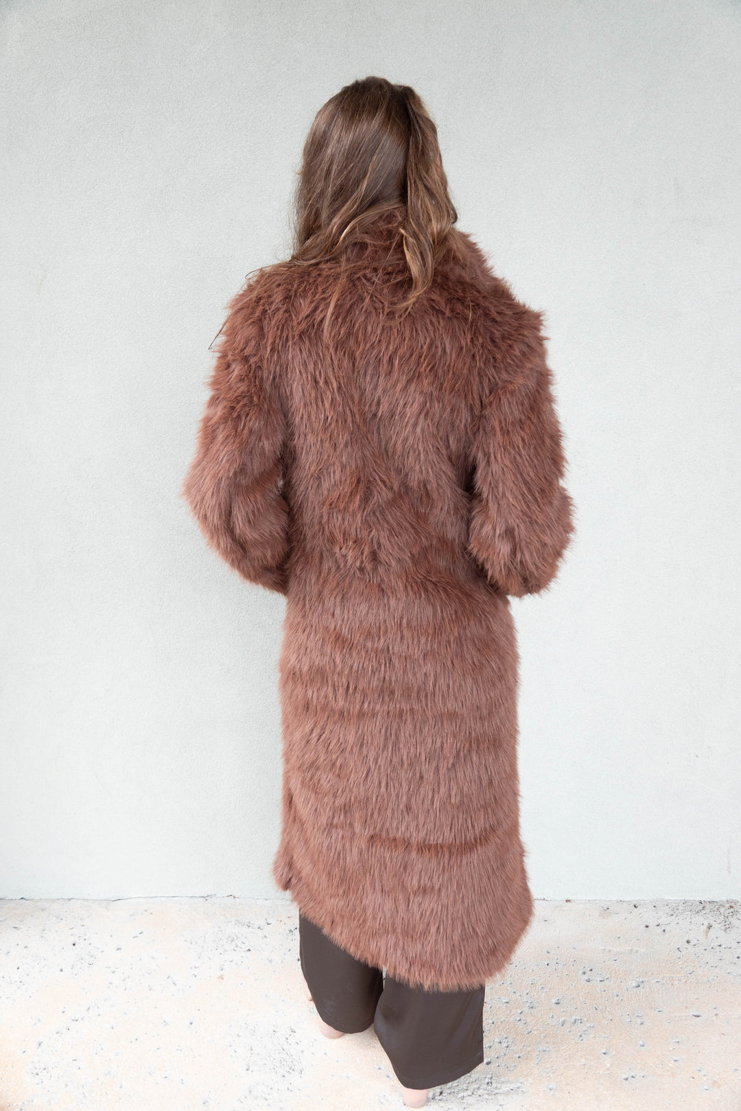 Faux Fur Long Jacket - Brown