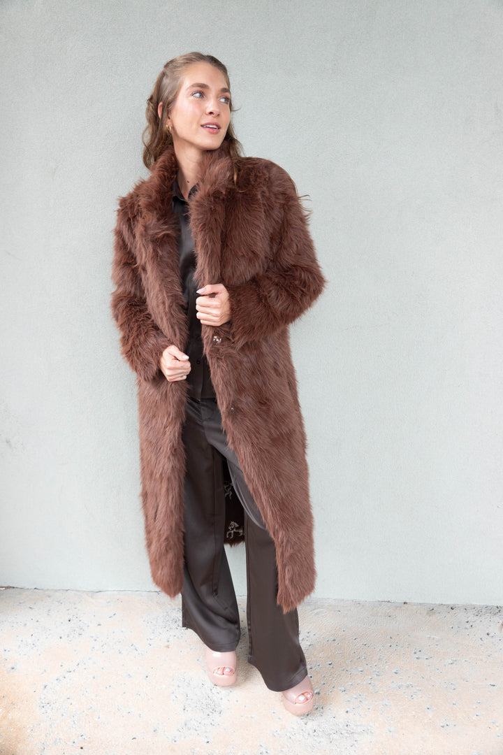 Faux Fur Long Jacket - Brown