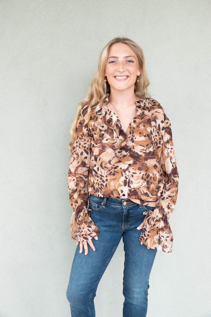 Everly Ruffle Blouse - Brown Combo