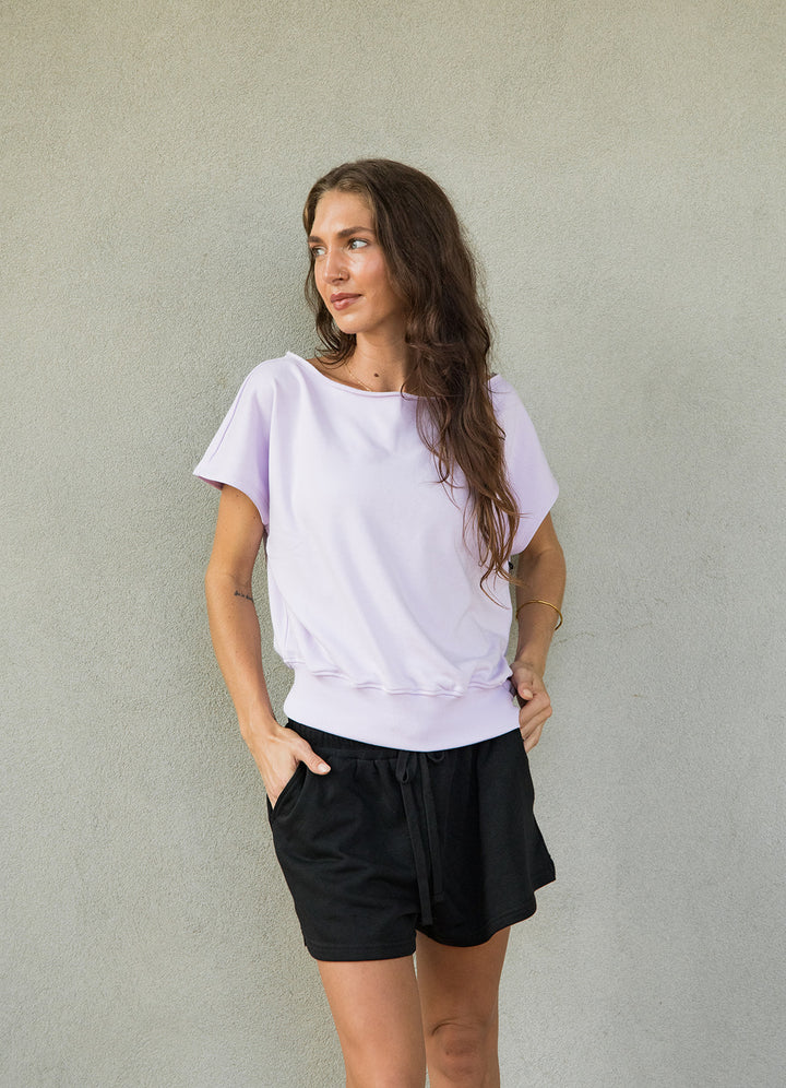 French Terry Off The Shoulder Sweatshirt - Sweet Lavender