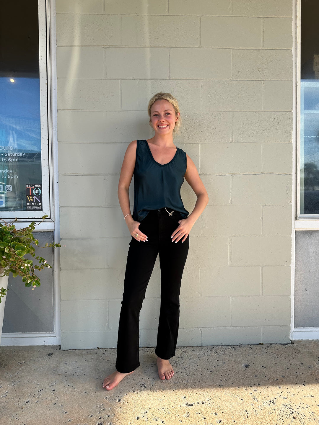 Liz Satin V Neck Tank - Rainforest