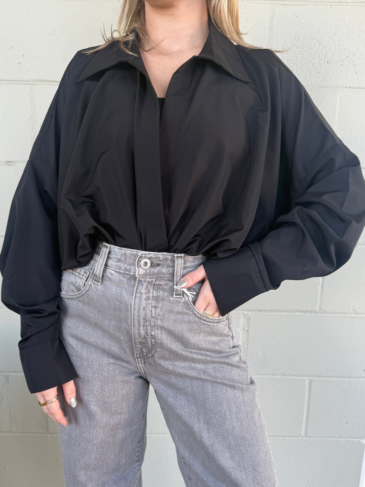 Long Sleeve Shirting Bodysuit - Black