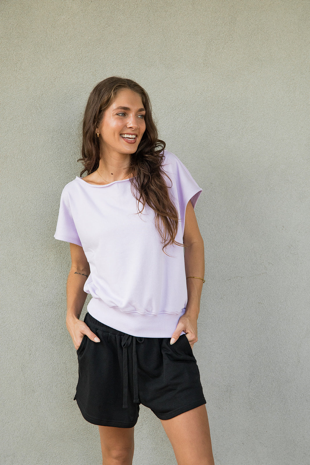 French Terry Off The Shoulder Sweatshirt - Sweet Lavender