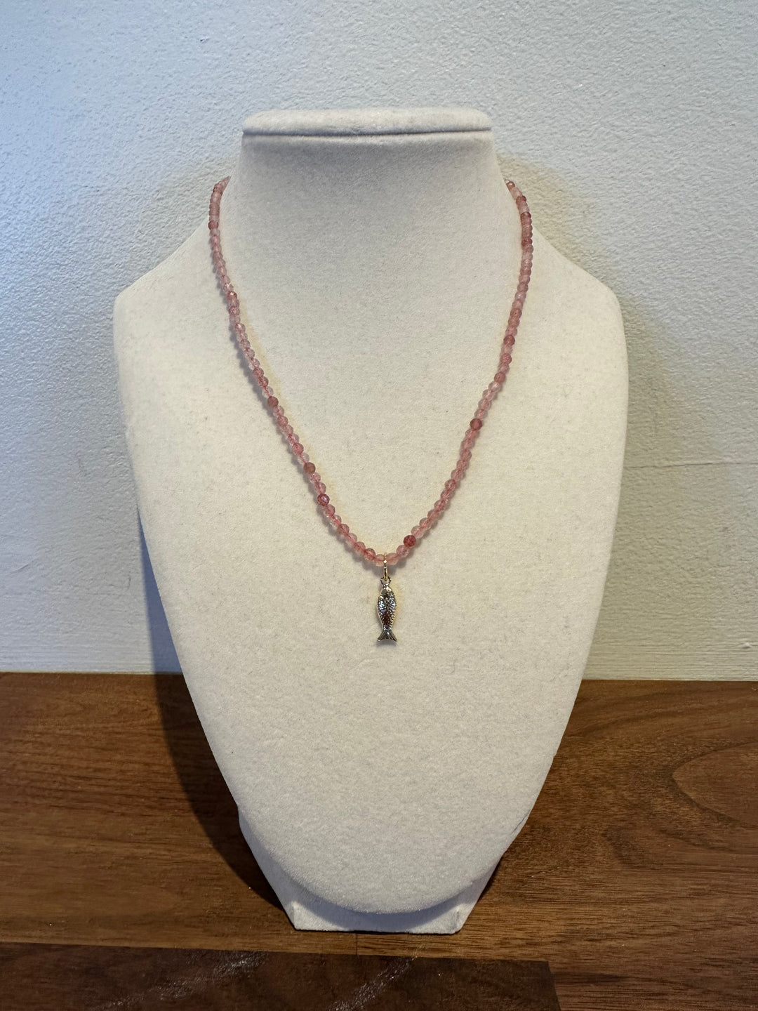 Fish Charm Gemstone Necklace - Rose Quartz