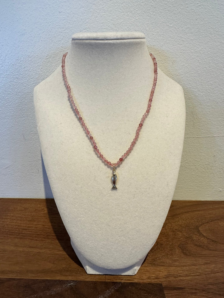 Fish Charm Gemstone Necklace - Rose Quartz