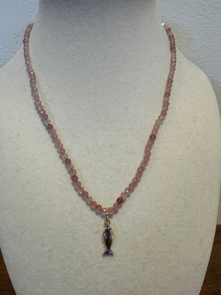 Fish Charm Gemstone Necklace - Rose Quartz