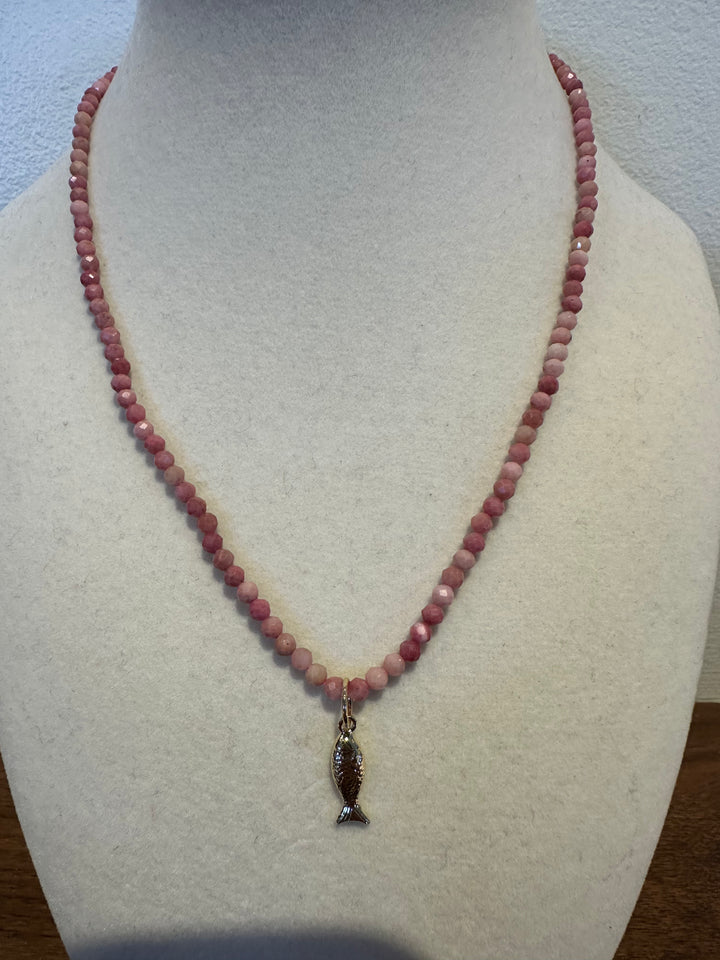 Fish Charm Gemstone Necklace - Rhodochrosite