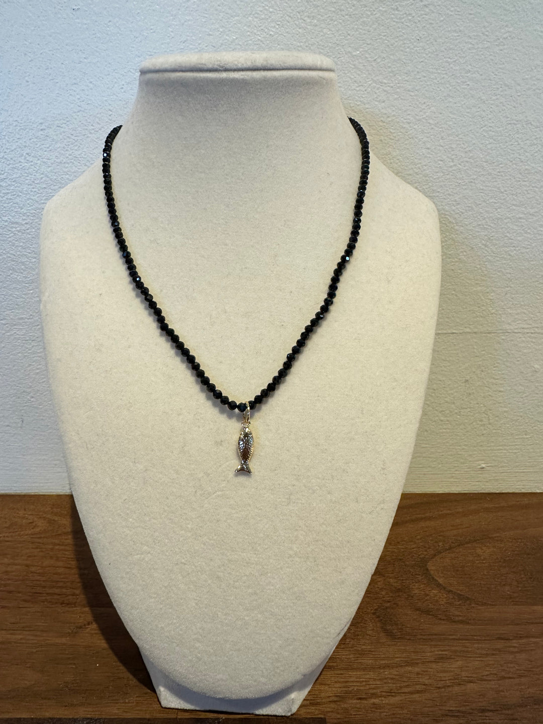 Fish Charm Gemstone Necklace - Black Spinel