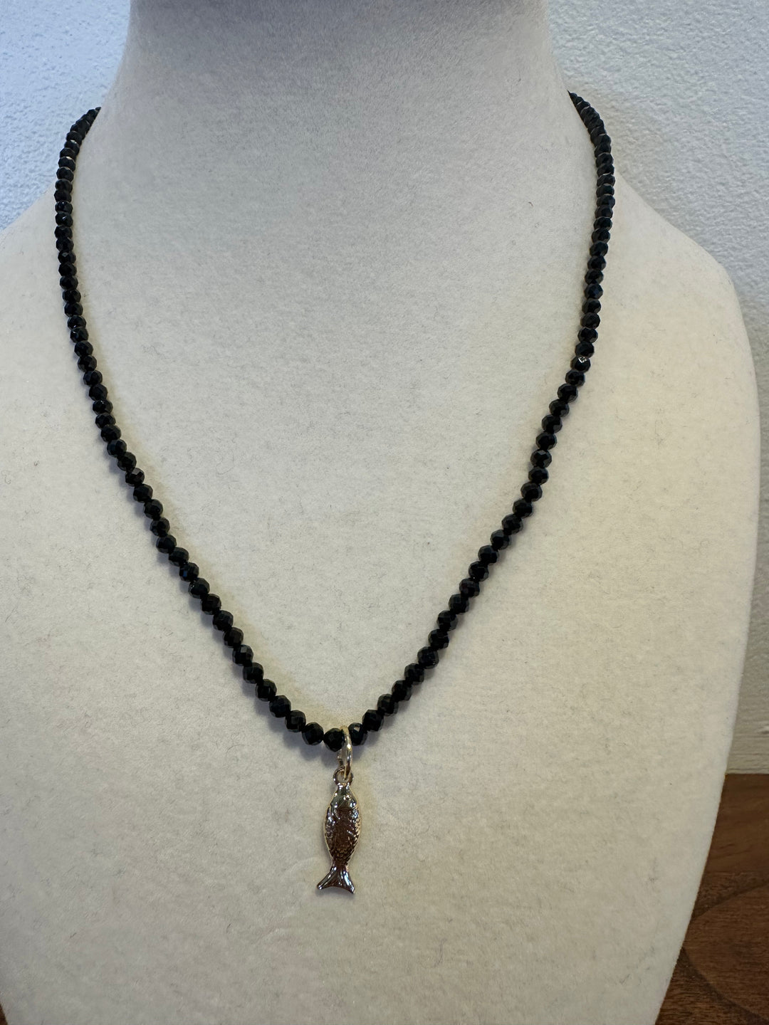 Fish Charm Gemstone Necklace - Black Spinel