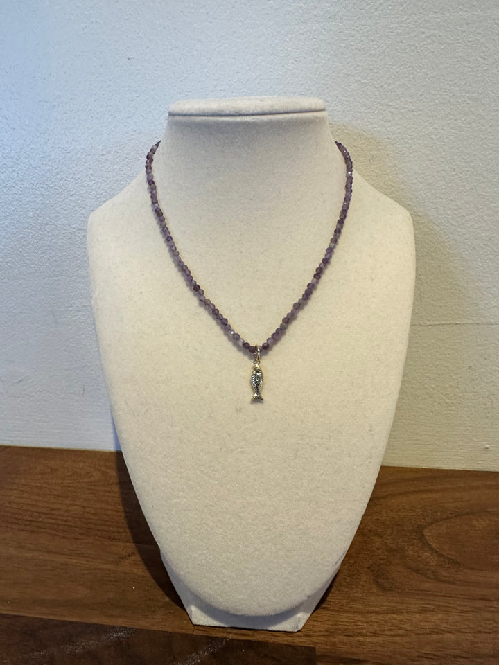 Fish Charm Gemstone Necklace - Amethyst