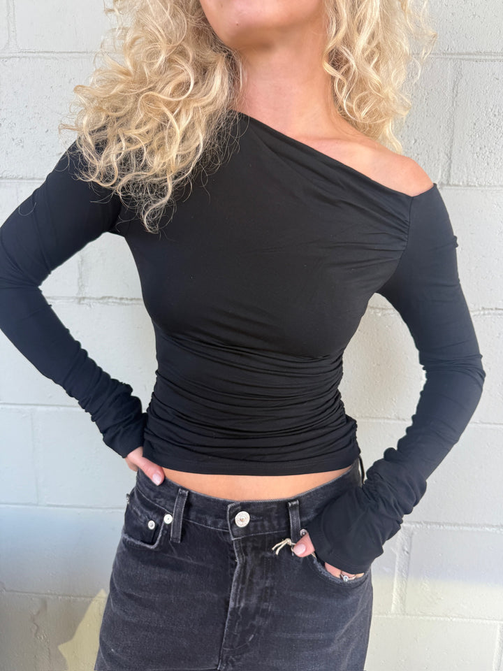 Off the Shoulder Long Sleeve Top - Black