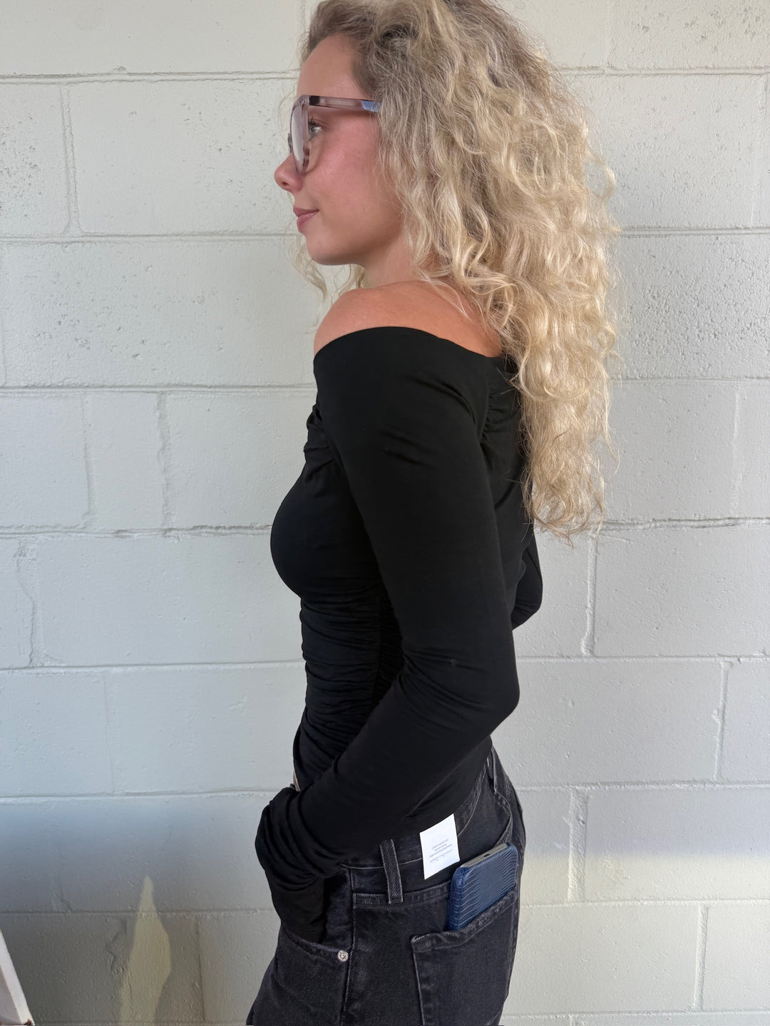 Off the Shoulder Long Sleeve Top - Black