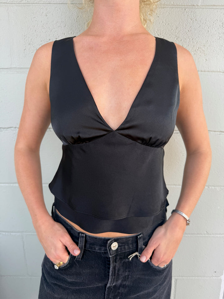 Satin Crop Tank - Black
