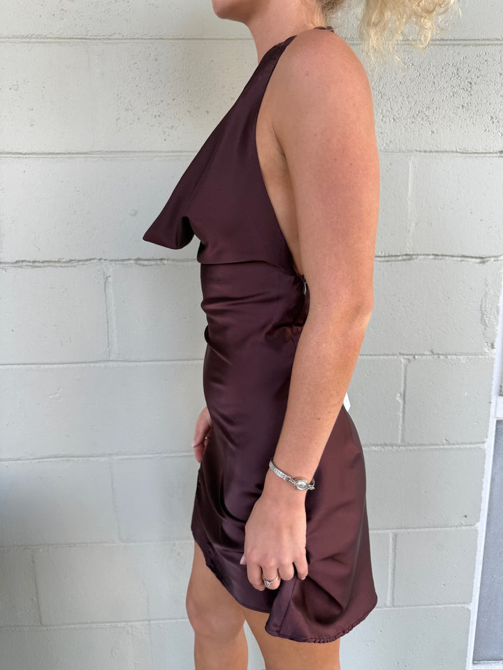 Cowl Halter Mini Dress - Chocolate