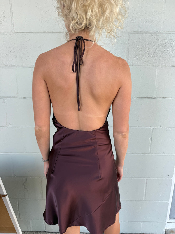 Cowl Halter Mini Dress - Chocolate