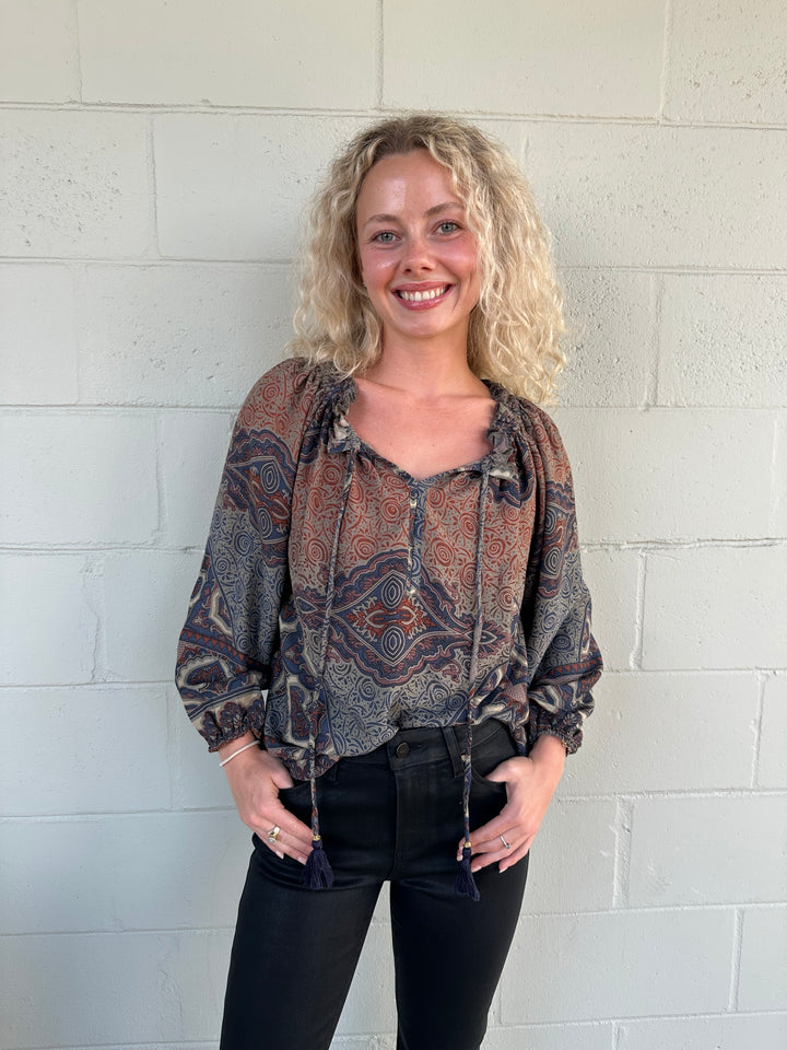 Print Peasant Top - Brown/Navy